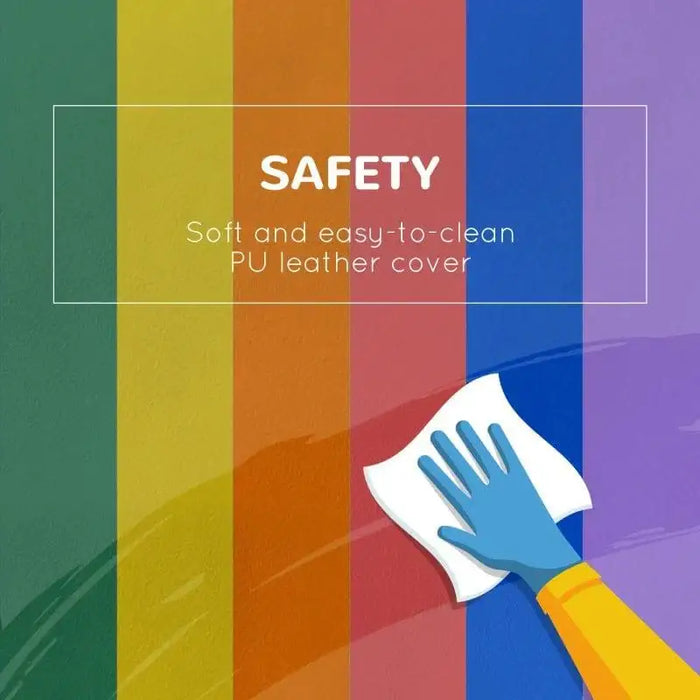 Gloved hand cleaning multicolored PU leather cover, highlighting safety and easy-to-clean feature.
