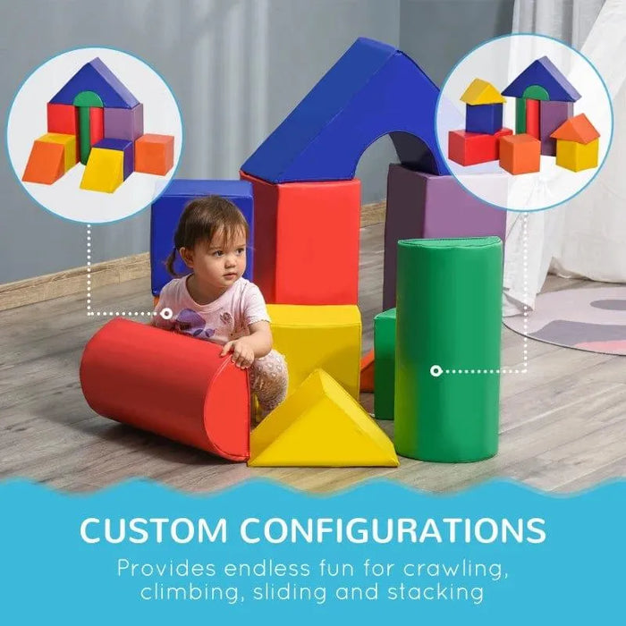 Toddler playing with colorful foam geometric shape set for educational learning and stacking