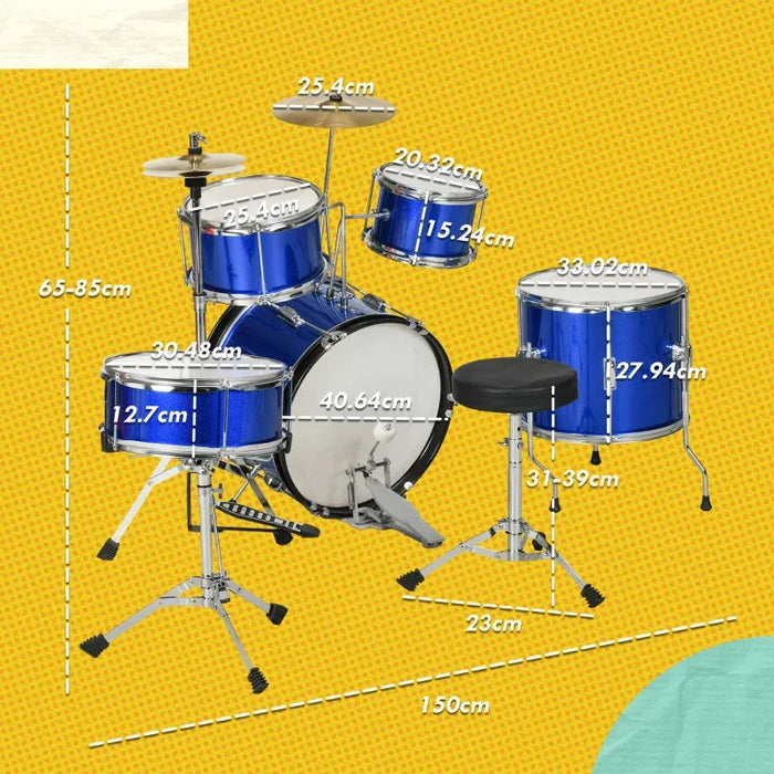 11 Piece Kids Drum Kit with Stool, Drumsticks, Pedal and Cymbals in Blue - Little and Giant Explorers AIYAPLAY