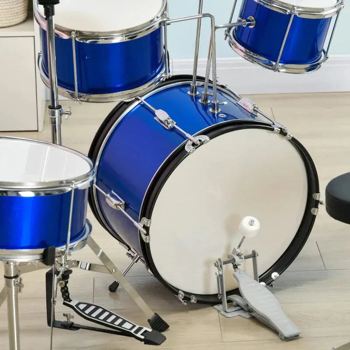 11 Piece Kids Drum Kit with Stool, Drumsticks, Pedal and Cymbals in Blue - Little and Giant Explorers AIYAPLAY