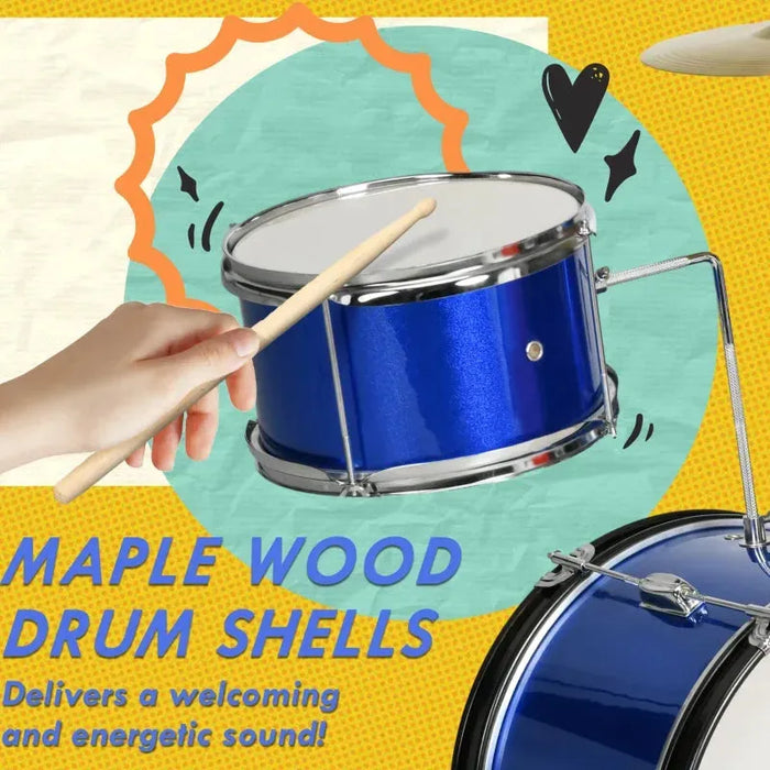 11 Piece Kids Drum Kit with Stool, Drumsticks, Pedal and Cymbals in Blue - Little and Giant Explorers AIYAPLAY