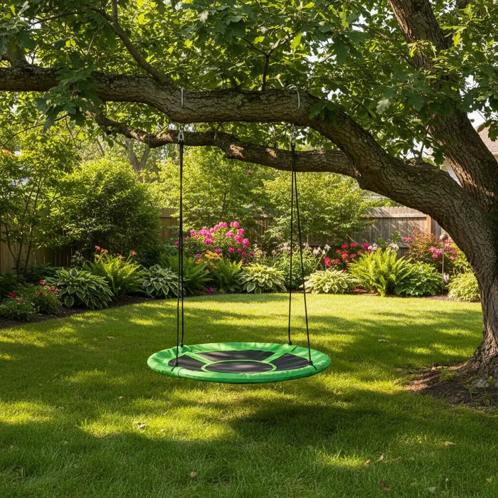 Round green tree swing hanging from large branch in sunny backyard garden