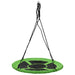 Green round saucer tree swing with black ropes on a white background