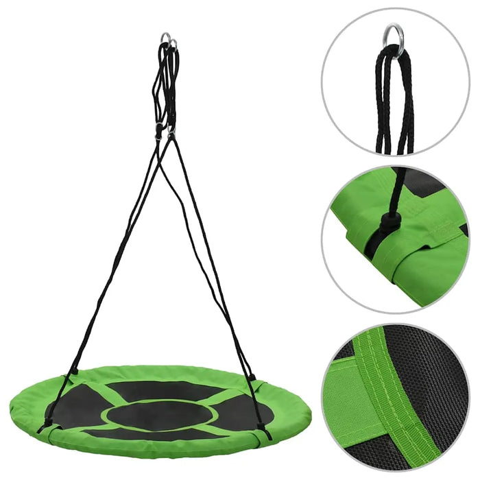 Green round saucer tree swing with black ropes and close-up stitching details