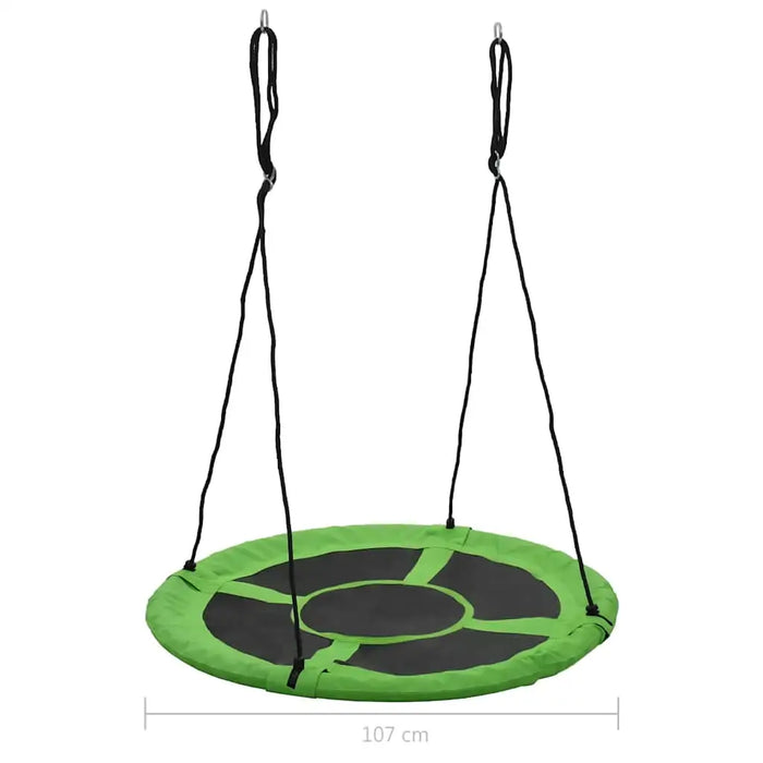 Green round tree swing with black ropes, 107 cm diameter, outdoor playground equipment