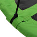 Close-up of green fabric swing seat with black rope and mesh center