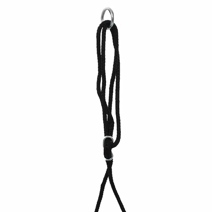 Black adjustable rope with metal rings for hammock hanging on white background