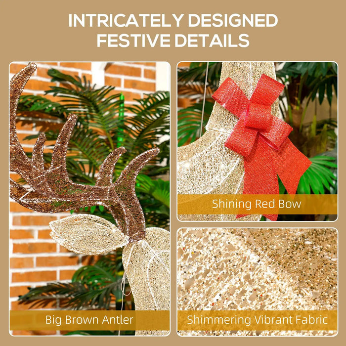 Festive decorative reindeer with big brown antlers, shining red bow, and shimmering fabric details