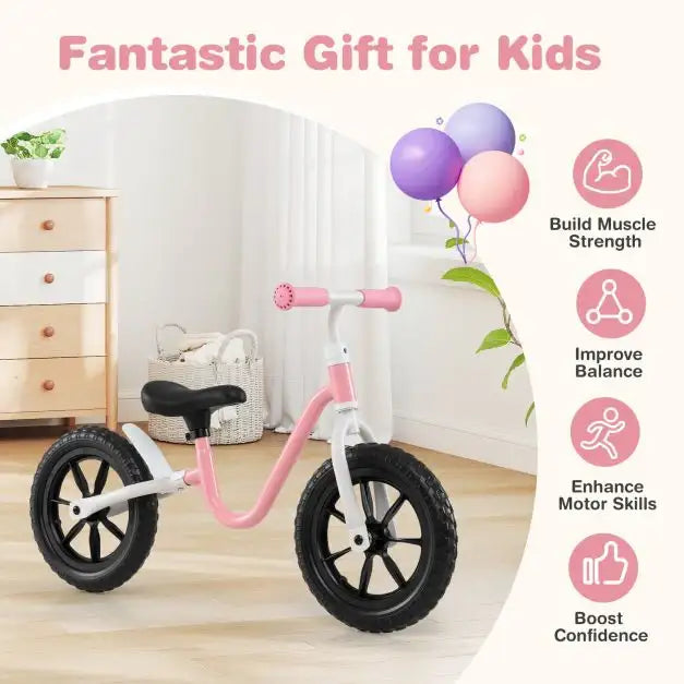 12” Kids Balance Bike – Pink | Adjustable Seat and Handlebar with EVA Wheels COSTWAY - Little and Giant Explorers Costway