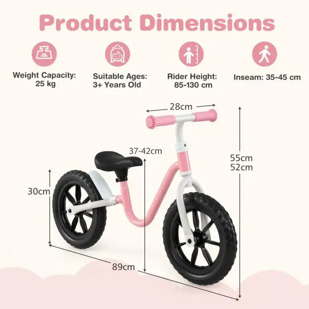 12” Kids Balance Bike – Pink | Adjustable Seat and Handlebar with EVA Wheels COSTWAY - Little and Giant Explorers Costway