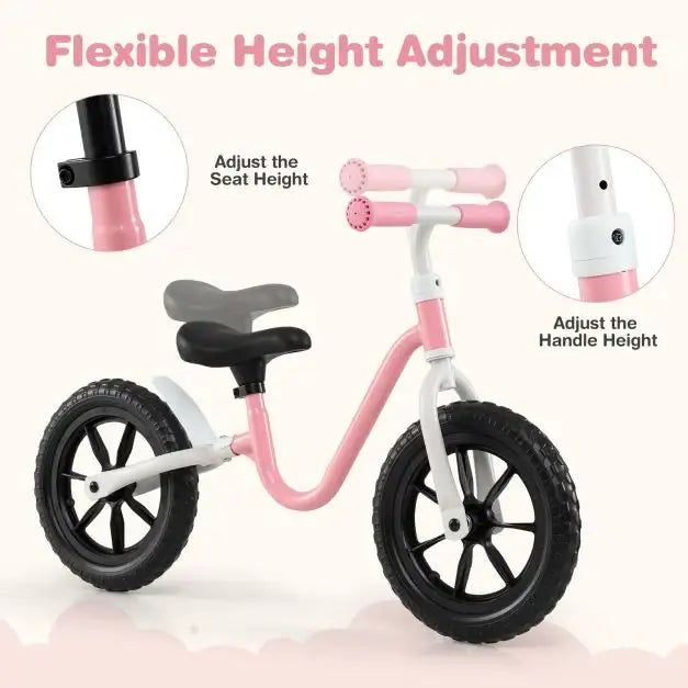 12” Kids Balance Bike – Pink | Adjustable Seat and Handlebar with EVA Wheels COSTWAY - Little and Giant Explorers Costway
