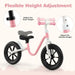 12” Kids Balance Bike – Pink | Adjustable Seat and Handlebar with EVA Wheels COSTWAY - Little and Giant Explorers Costway
