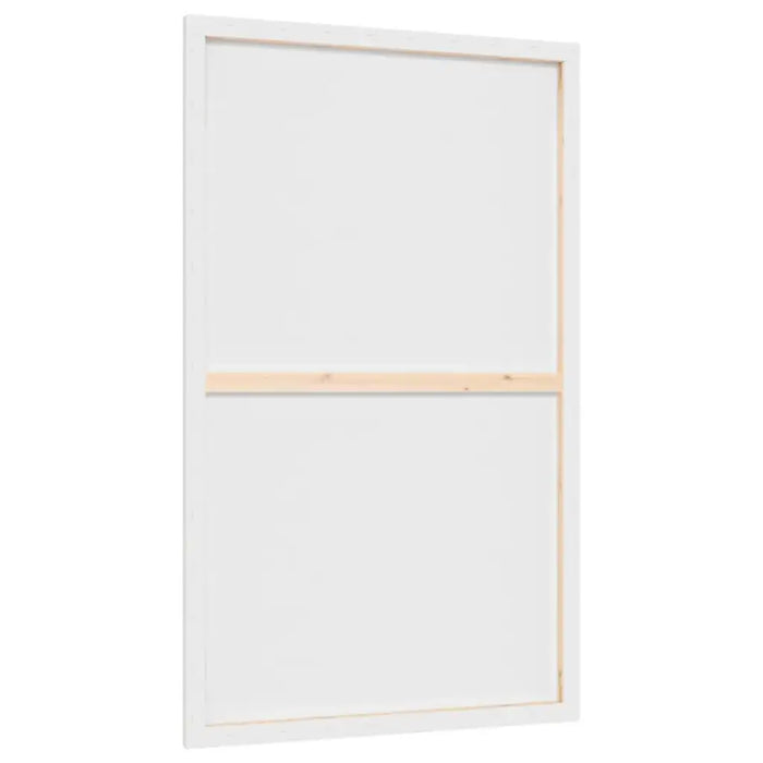 Back view of large stretched blank canvas with wooden frame for painting