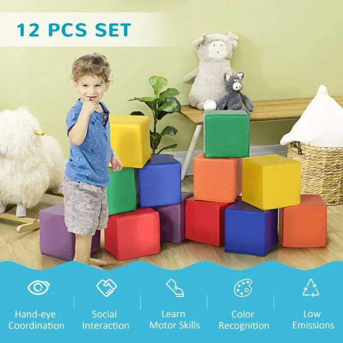 Child playing with 12-piece soft foam activity play set, colorful educational blocks indoors