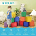 Child playing with 12-piece soft foam activity play set, colorful educational blocks indoors