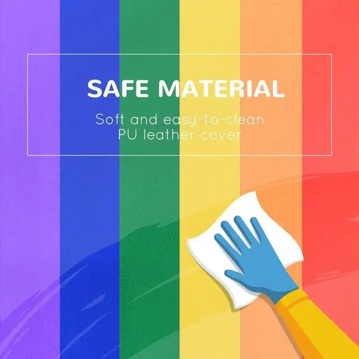 Gloved hand wiping multi-color foam play set, text highlights safe easy-to-clean PU leather