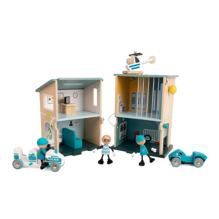 12-Piece Wooden Police Station Playset | Vehicles, Helicopter, Officers and Accessories CLASSIC WORLD - Little and Giant Explorers Classic World