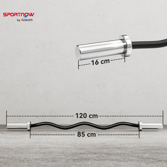 Measurement chart of a barbell with Sportmax by Aosom branding on a gray background