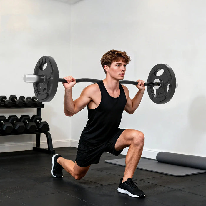 Man performing barbell lunges in a gym setting