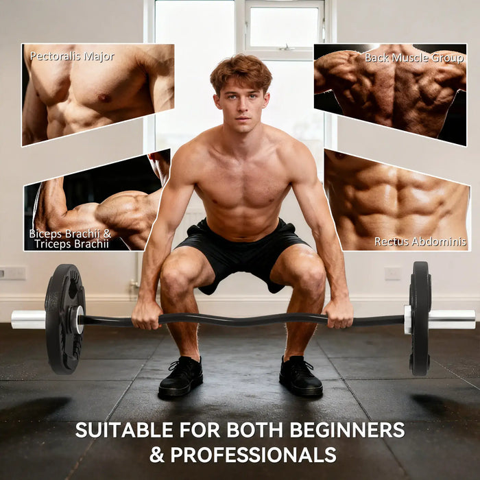 Man performing a barbell squat with muscle group focus images on the sides.