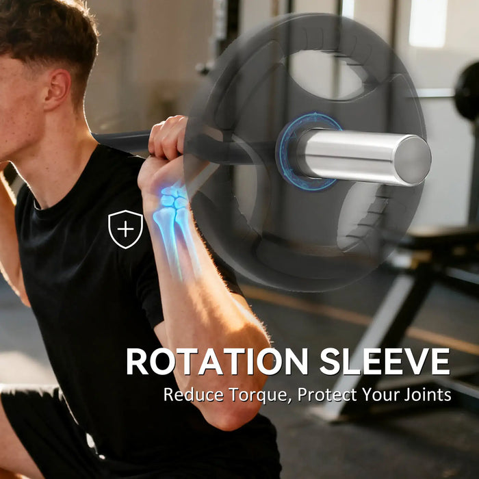 Person lifting weights with a close-up of a rotation sleeve on a barbell, emphasizing joint protection.