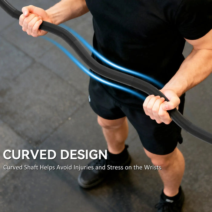 Person using a resistance band with text about curved design benefits