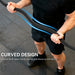 Person using a resistance band with text about curved design benefits