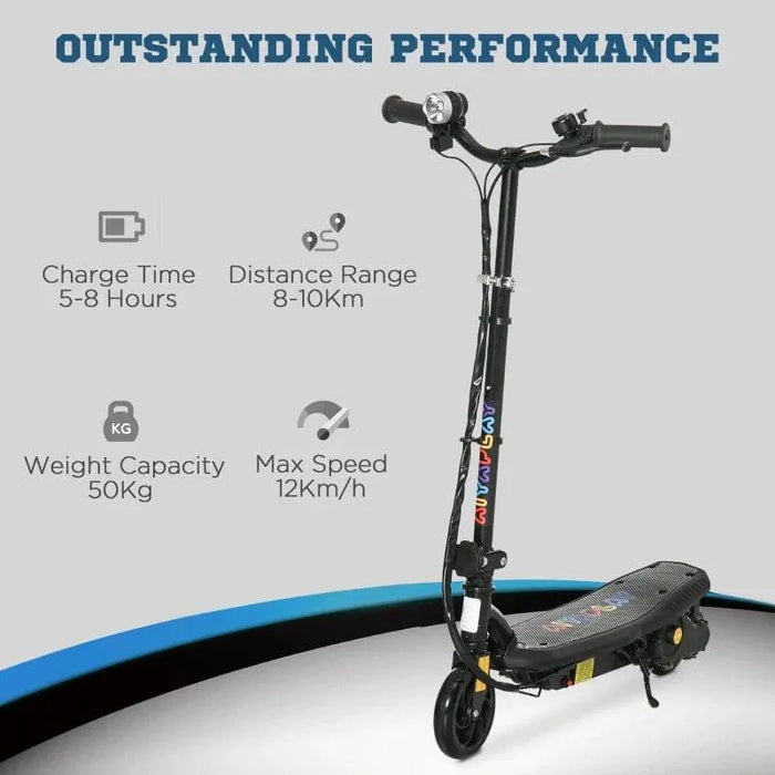 Black foldable kids electric scooter with LED headlight, performance specs displayed.