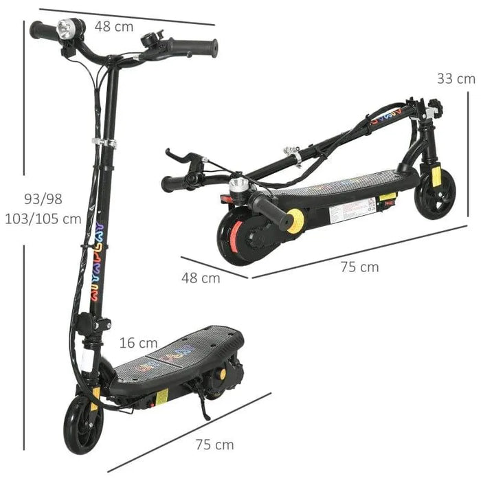 Black kids electric scooter with foldable design, LED headlight, and labeled measurements