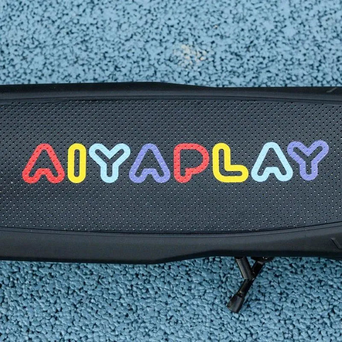 AIYAPLAY logo in colorful letters on black scooter deck, blue textured background