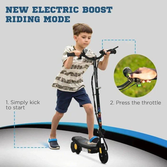 Boy riding black kids electric scooter with foldable design and LED headlight, showing throttle use