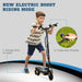 Boy riding black kids electric scooter with foldable design and LED headlight, showing throttle use