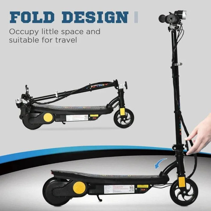Black 120W kids electric scooter, foldable design with LED headlight, shown folded and upright.