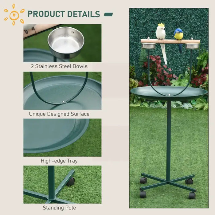 122cm Bird T-Stand Perch – Green | Stainless Steel Bird Stand - Tray and Wheels PAWHUT - Little and Giant Explorers PawHut