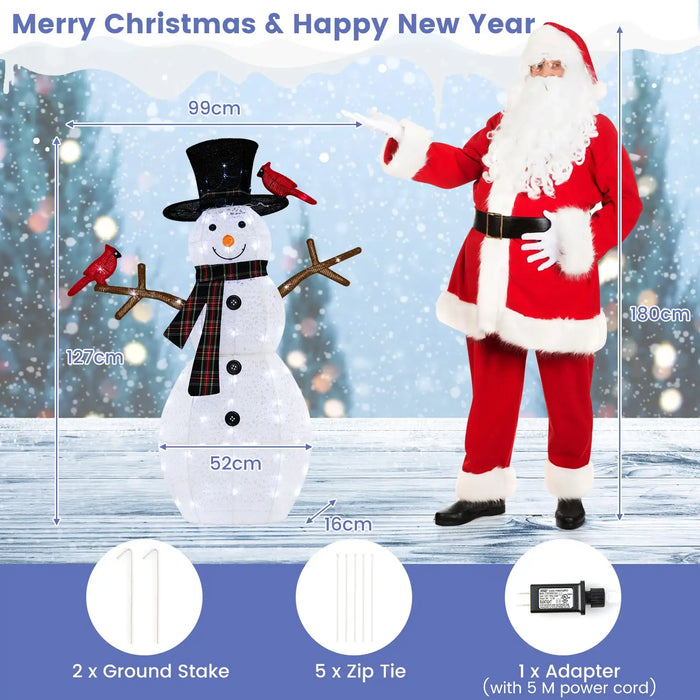 127cm Pre-Lit Snowman and Redbird Christmas Decoration | 70 Cool White LED Lights COSTWAY - Little and Giant Explorers Costway