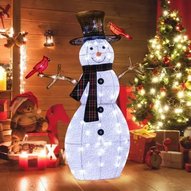 127cm Pre-Lit Snowman and Redbird Christmas Decoration | 70 Cool White LED Lights COSTWAY - Little and Giant Explorers Costway