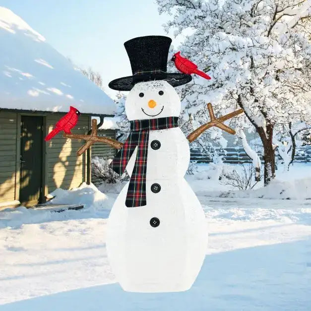 127cm Pre-Lit Snowman and Redbird Christmas Decoration | 70 Cool White LED Lights COSTWAY - Little and Giant Explorers Costway