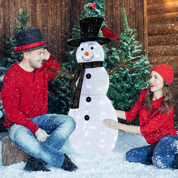 127cm Pre-Lit Snowman and Redbird Christmas Decoration | 70 Cool White LED Lights COSTWAY - Little and Giant Explorers Costway