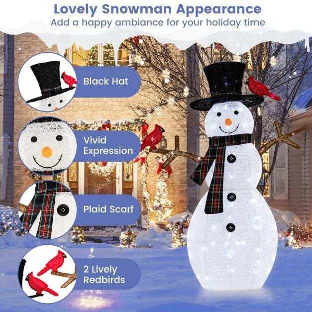 127cm Pre-Lit Snowman and Redbird Christmas Decoration | 70 Cool White LED Lights COSTWAY - Little and Giant Explorers Costway