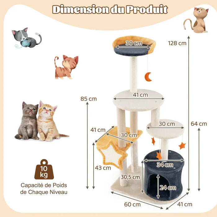 128cm Multi-Level Cat Tree | Plush Tower - Condo, Scratching Posts and Hanging Toys COSTWAY - Little and Giant Explorers Costway