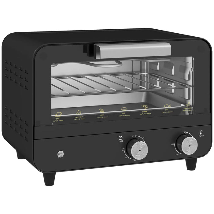 Black toaster oven with glass door on a white background