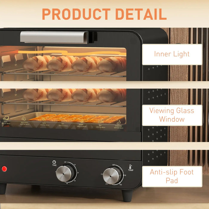 Oven with labeled features on a wooden background