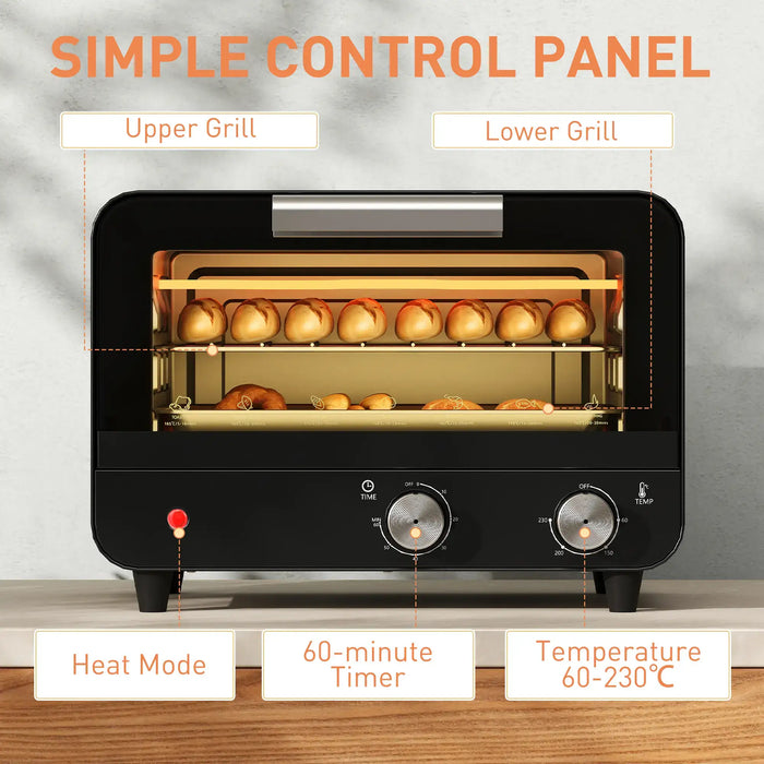 Black toaster oven with control panel and food inside, labeled 'Simple Control Panel'.