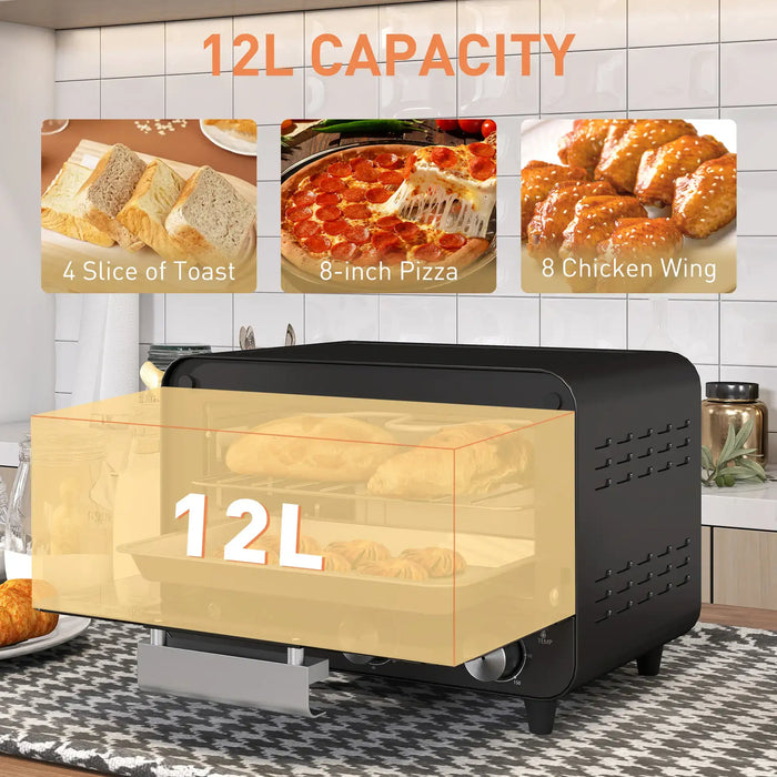 Toaster oven with 12L capacity display, shown with toast, pizza, and chicken wing images.