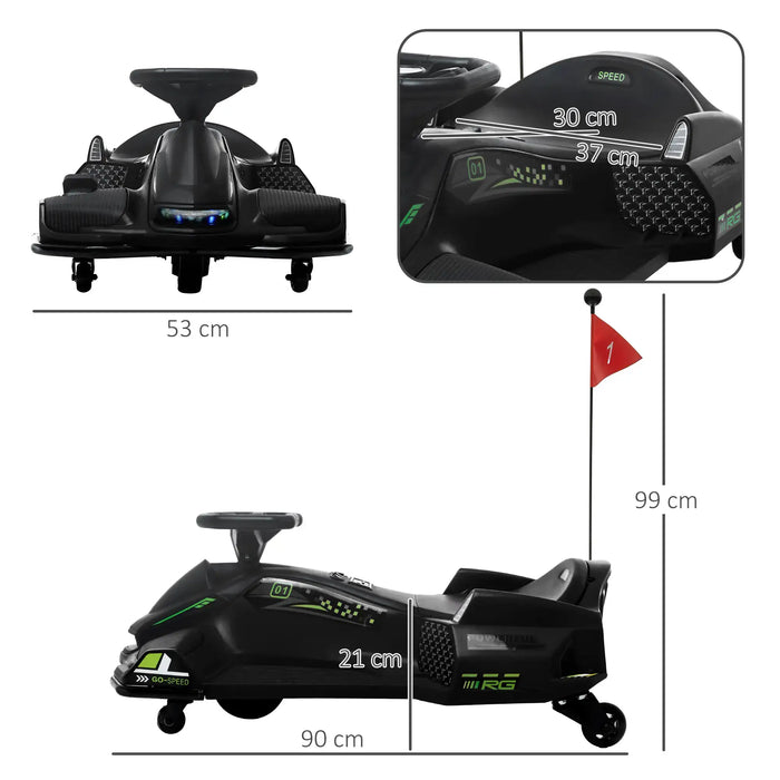 Black electric drift go-kart for kids with steering wheel, footrests, and a red safety flag, detailed dimensions shown