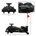 Black electric drift go-kart for kids with steering wheel, footrests, and a red safety flag, detailed dimensions shown