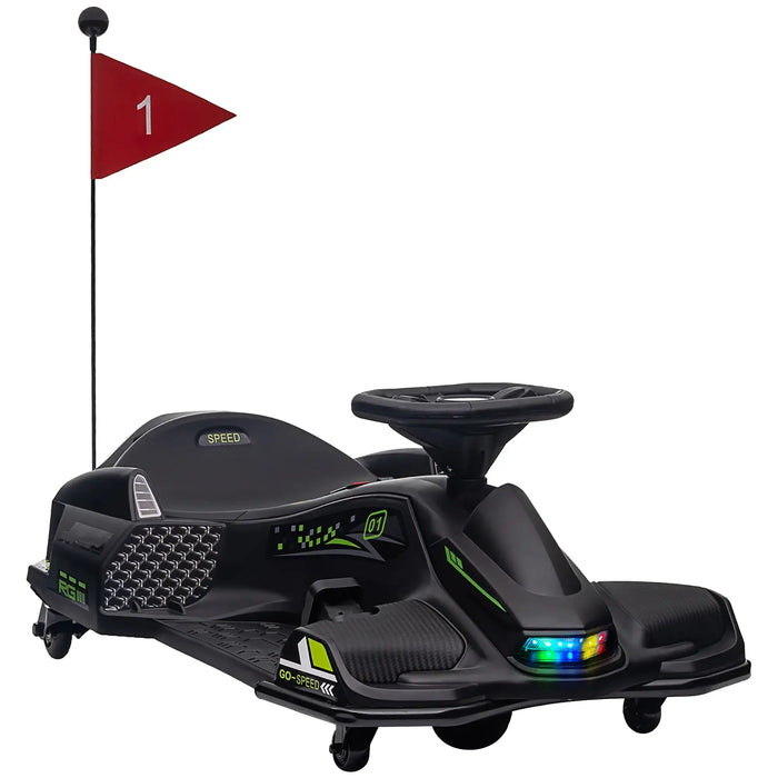 Black 12V electric drift go-kart for kids with red number 1 flag and LED lights