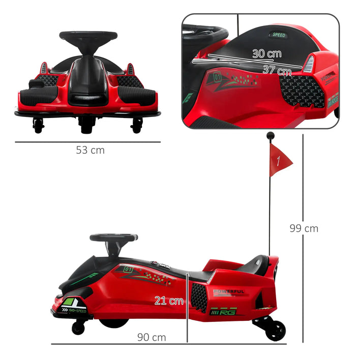Red electric drift go-kart for kids with steering wheel, seat dimensions, and safety flag