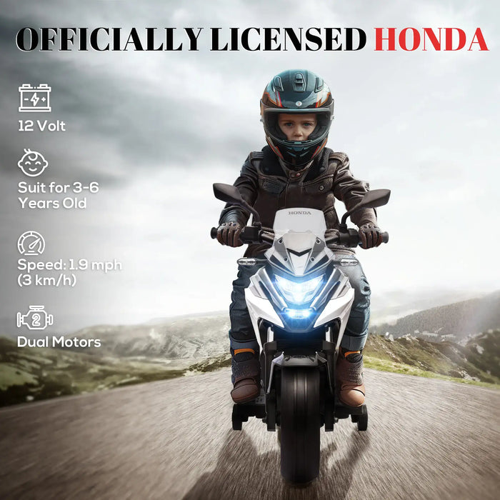 Child wearing helmet riding official licensed Honda electric kid's motorcycle on road