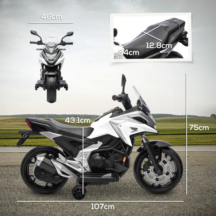 White and black Honda motorcycle with detailed size measurements on road background